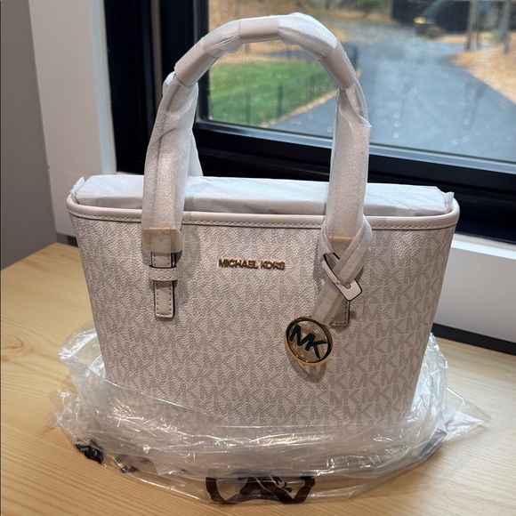 Michael Kors Handbags - New! Michael Kors Cream Satchel with Gold Accents Jet Set Travel Small Logo Tote